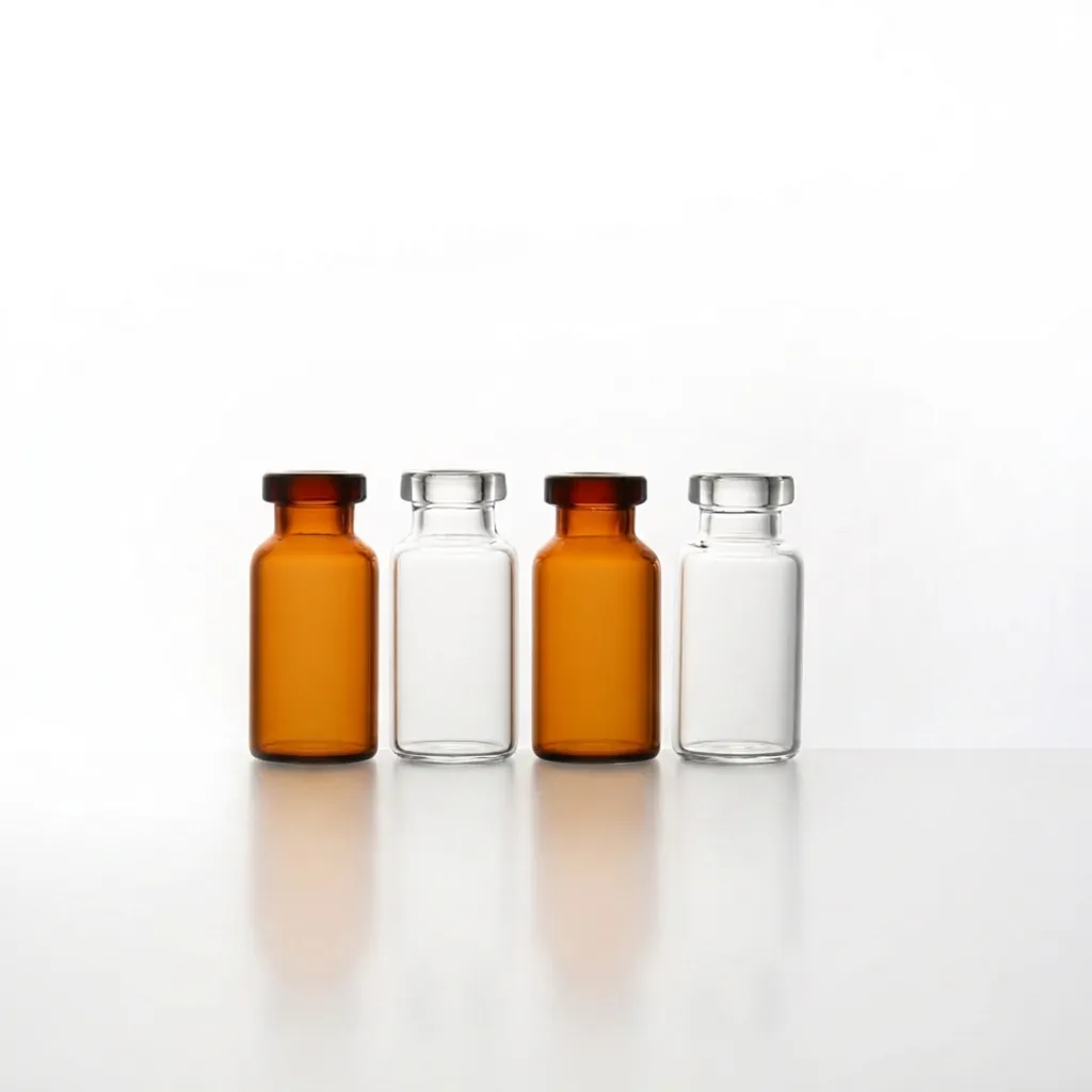Clear and amber scientific glass vials arranged in a product lineup